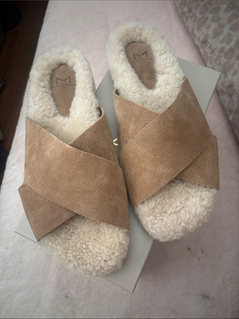 Marc Fisher Tan Suede Cross-Band Shearling Slippers